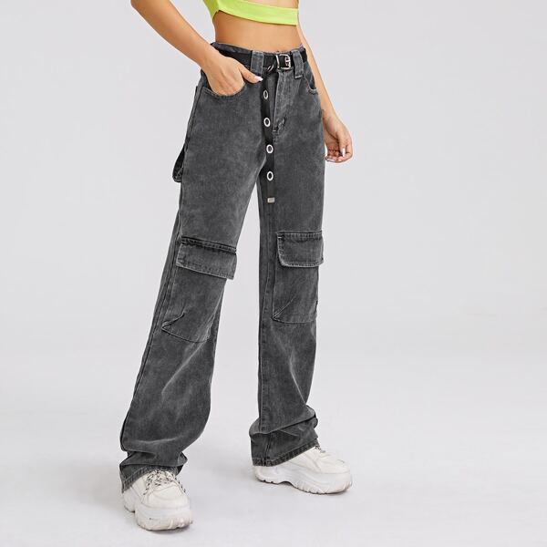 

Flap Pocket Front Straight Leg Jeans, Dark grey