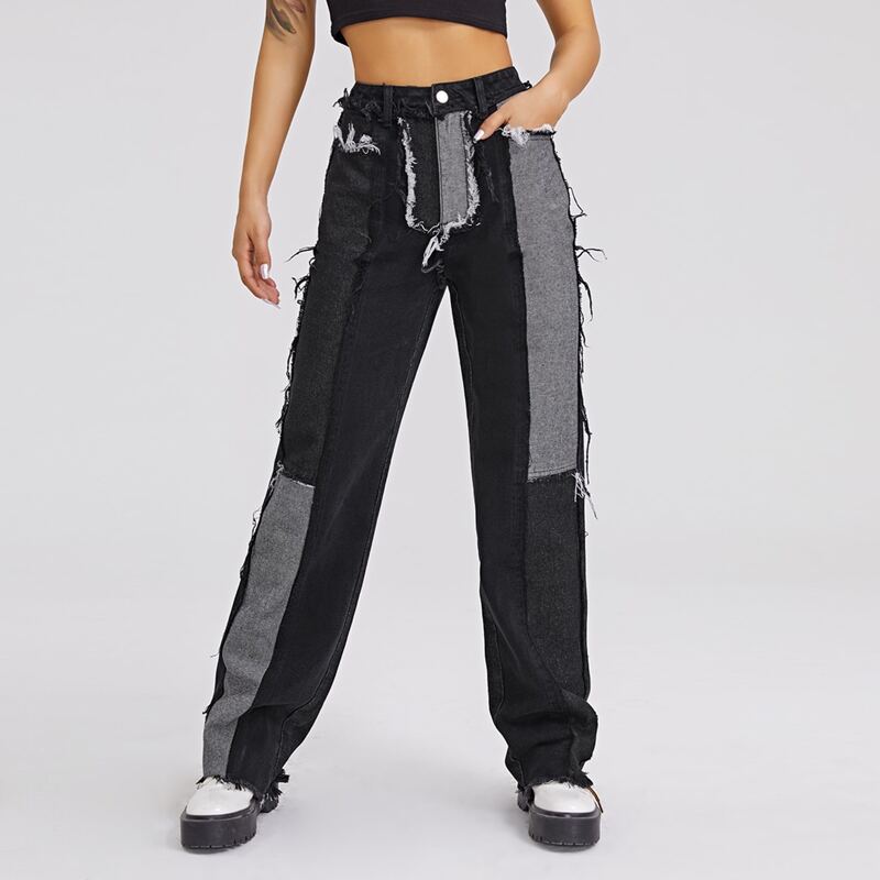 

High Waist Slant Pocket Colorblock Straight Jeans, Black