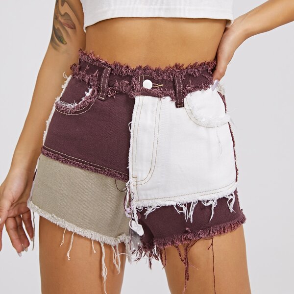 

Raw Edge Colorblock Denim Shorts, Multicolor