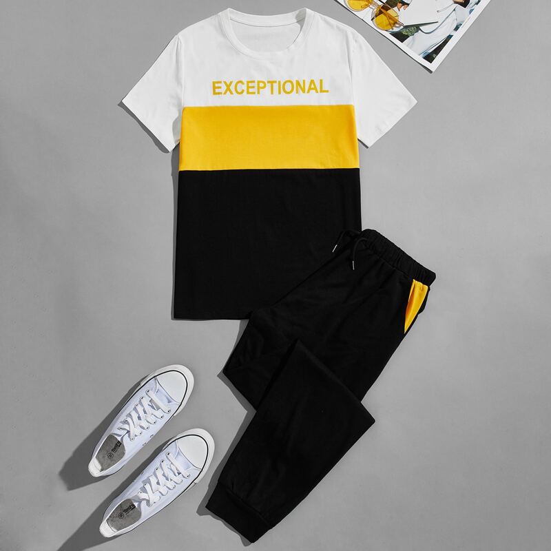 

Guys Cut And Sew Letter Graphic Tee With Joggers, Multicolor