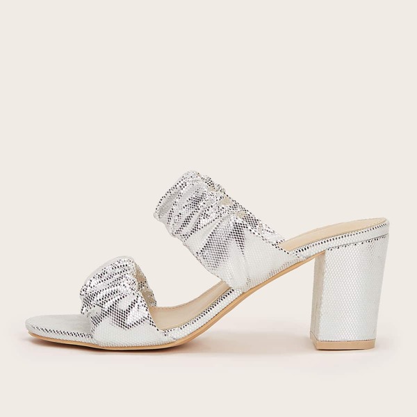 

Metallic Ruched Design Chunky Heeled Sandals, Silver
