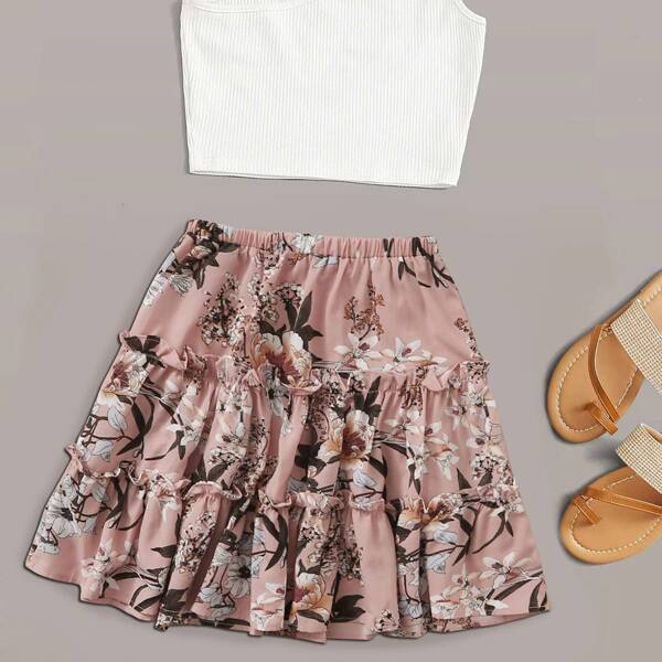 

One Shoulder Crop Top With Floral Print Skirt, Multicolor