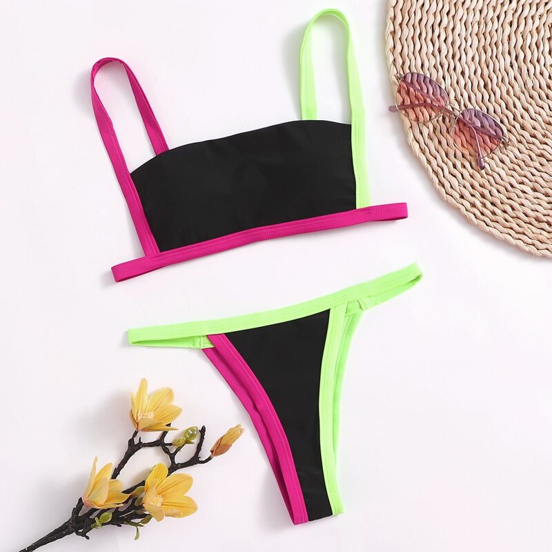 

Contrast Binding Thong Bikini Swimsuit, Multicolor