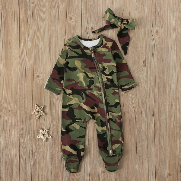 

Baby Boy Camo Print Zipper Detail Footed Jumpsuit & Headband, Multicolor