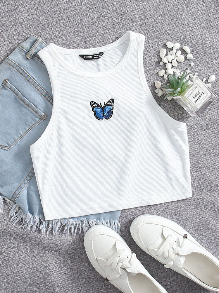 SHEIN EZwear 蝴蝶刺繡羅紋針織背心上衣 - 白色 - 查看 1