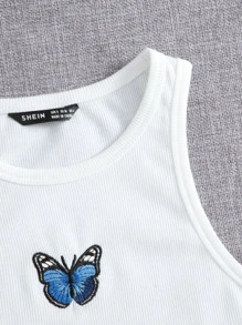 SHEIN EZwear Butterfly Embroidery Rib-knit Tank Top