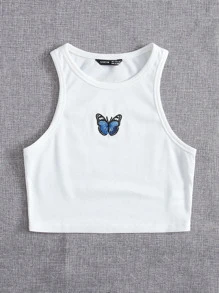 SHEIN EZwear Butterfly Embroidery Rib-knit Tank Top