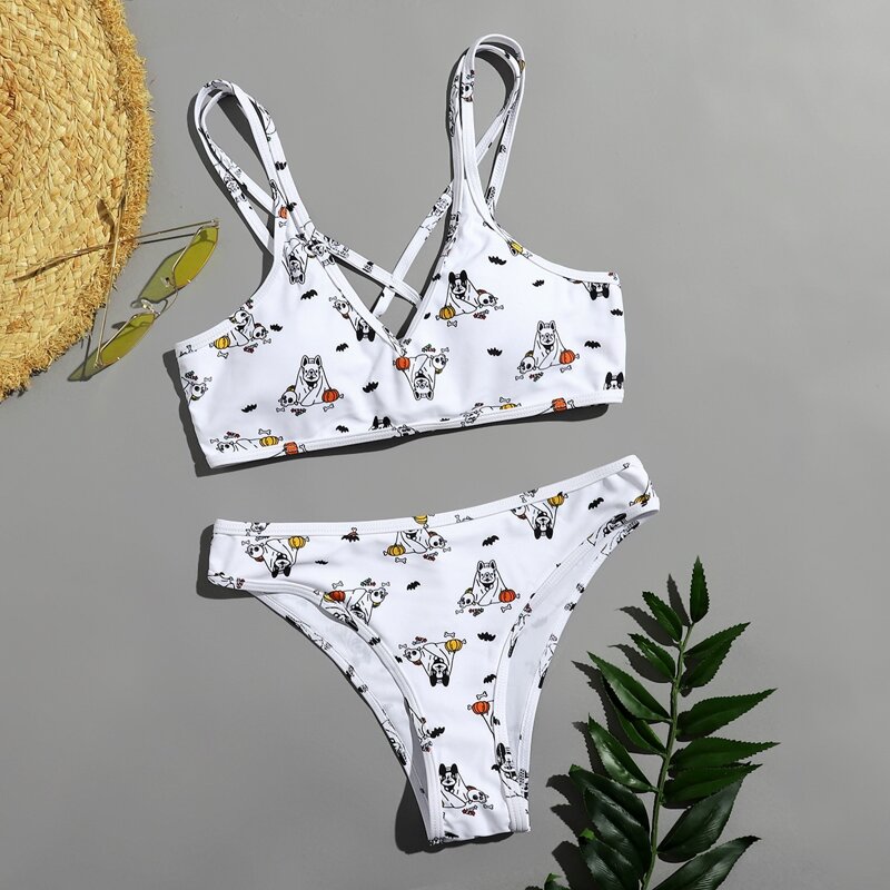 

Cartoon Dog Lace-up Back Bikini Swimsuit, White