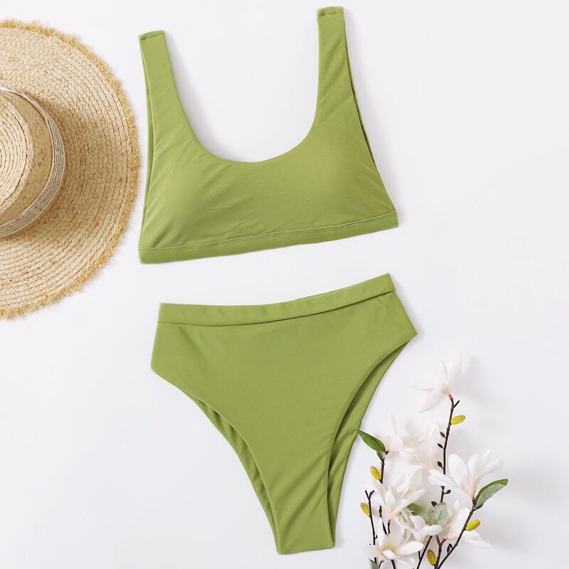 

Solid High Waist Bikini Swimsuit, Olive green