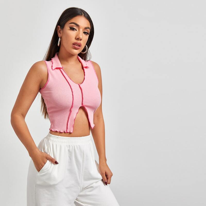 

V-neck Collared Split Hem Tank Top, Baby pink