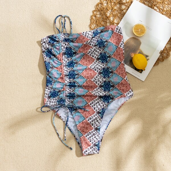 

Allover Graphic Drawstring Decor One Piece Swimsuit, Multicolor