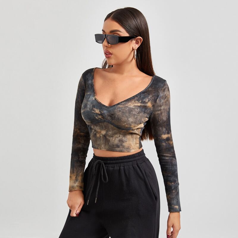 

V-neck Tie Dye Crop Tee, Multicolor