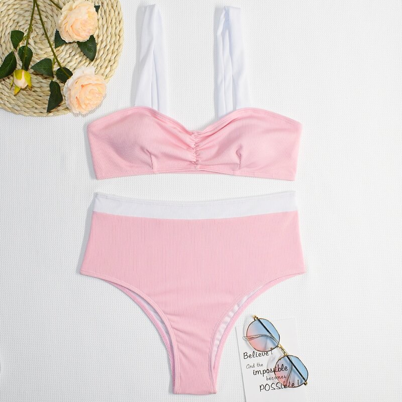 

Ruched High Waist Bikini Swimsuit, Baby pink