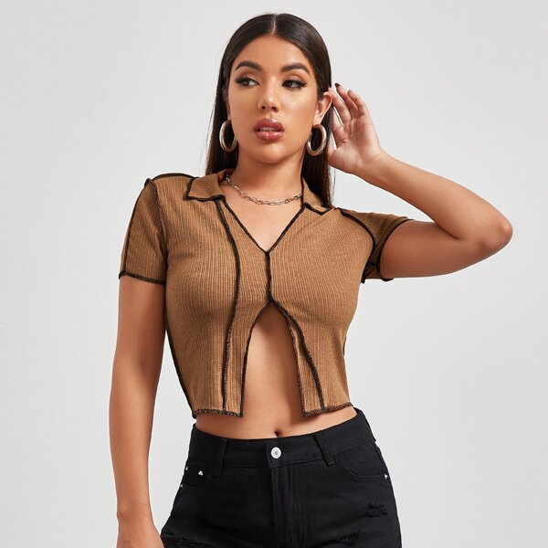 

V-neck Collared Split Hem Top, Brown