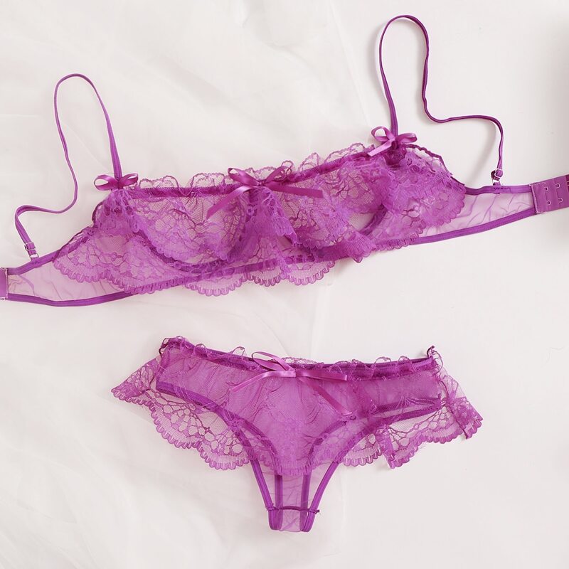 

Scallop Floral Lace Underwire Lingerie Set, Violet purple