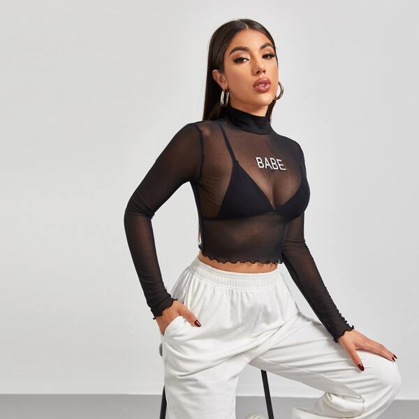 

Letter Graphic Lettuce Trim Mesh Top Without Bra, Black