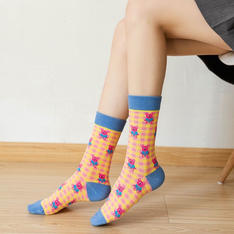 

1pair Cartoon Bear & Plaid Crew Socks, Blue