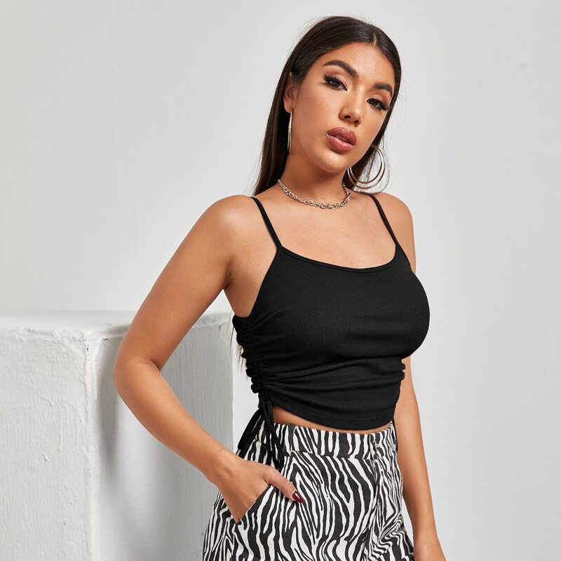 

Drawstring Ruched Hem Cami Top, Black