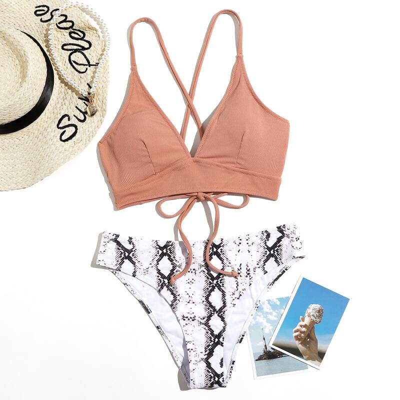 

Snakeskin Lace-up Back Bikini Swimsuit, Multicolor