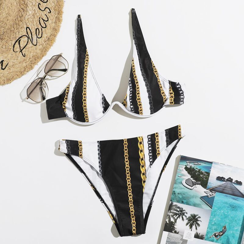 

Chain Print Underwire Bikini Swimsuit, Multicolor
