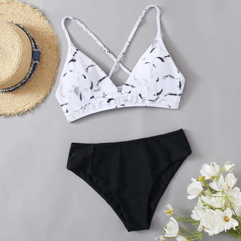

Marble Lace-up Bikini Swimsuit, Black and white