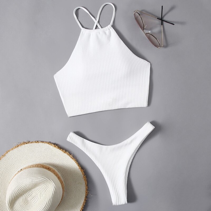 

Crisscross Back High Leg Bikini Swimsuit, White