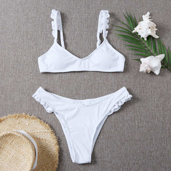 

Rib Ruffle Bikini Swimsuit, White