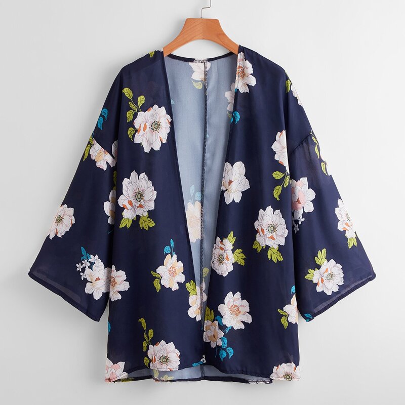 

Floral Open Front Kimono, Navy blue
