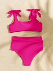 SHEIN Swim Summer Beach Solid Tie Shoulder Bikini Set - Hot Pink - View 2