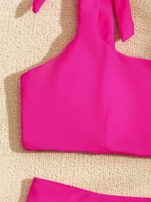 SHEIN Swim Summer Beach Solid Tie Shoulder Bikini Set - Hot Pink - View 3