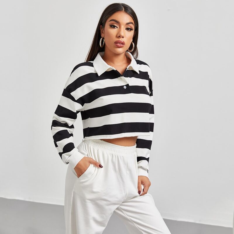 

Drop Shoulder Striped Sweatshirt, Black and white