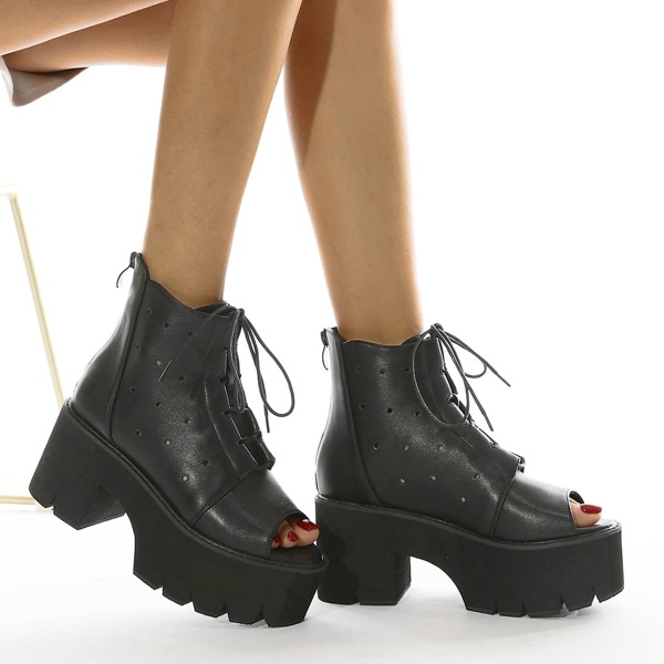 

Lace-up Front Hollow Out Ankle Boots, Black