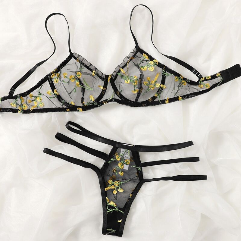 

Floral Embroidery Ladder Cut-out Lingerie Set, Black