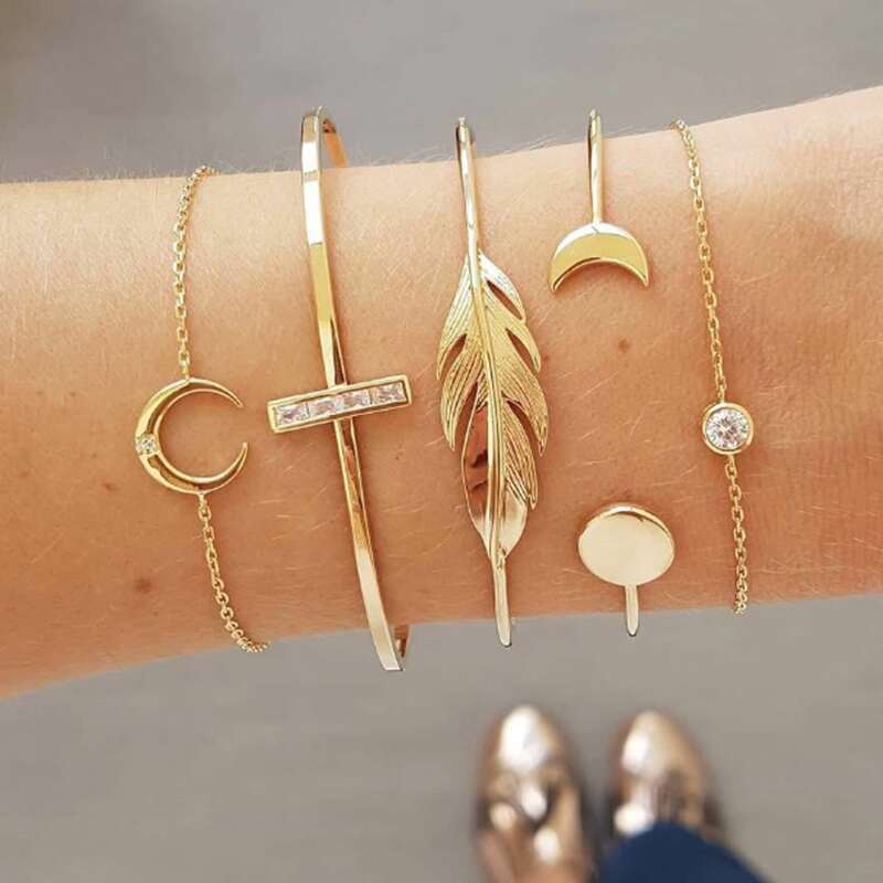 

5pcs Leaf & Moon Design Bracelet, Gold
