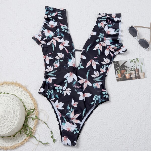 

Floral Ruffle Trim One Piece Swimsuit, Multicolor