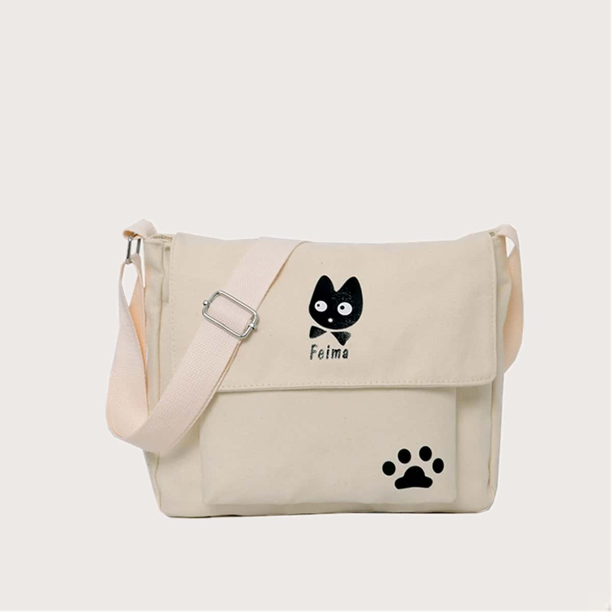 

Cartoon Cat Canvas Crossbody Bag, White