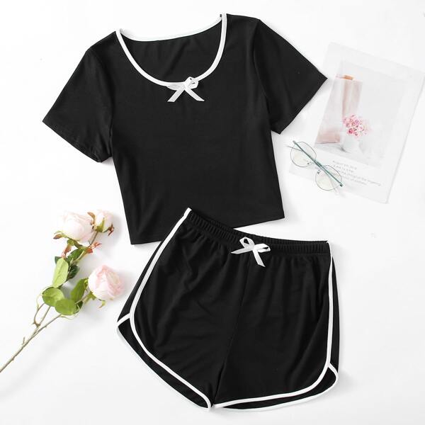 

Bow Front Contrast Binding Pajama Set, Black