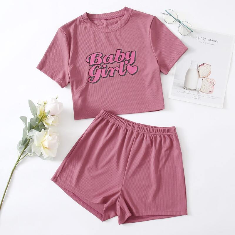 

Letter Graphic Tee & Shorts Pajama Set, Pink