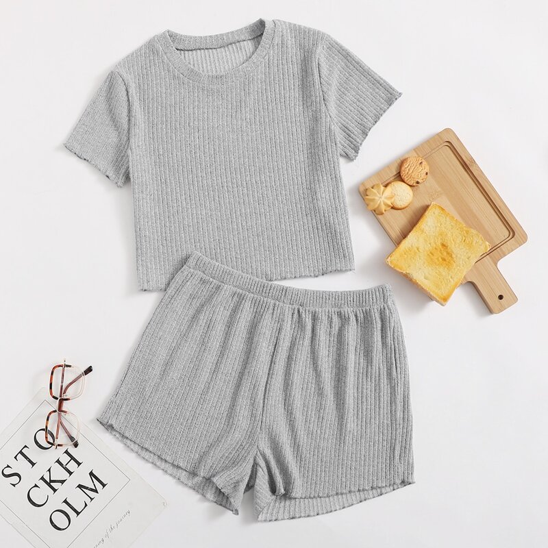 

Solid Rib-Knit Lounge Set, Light grey