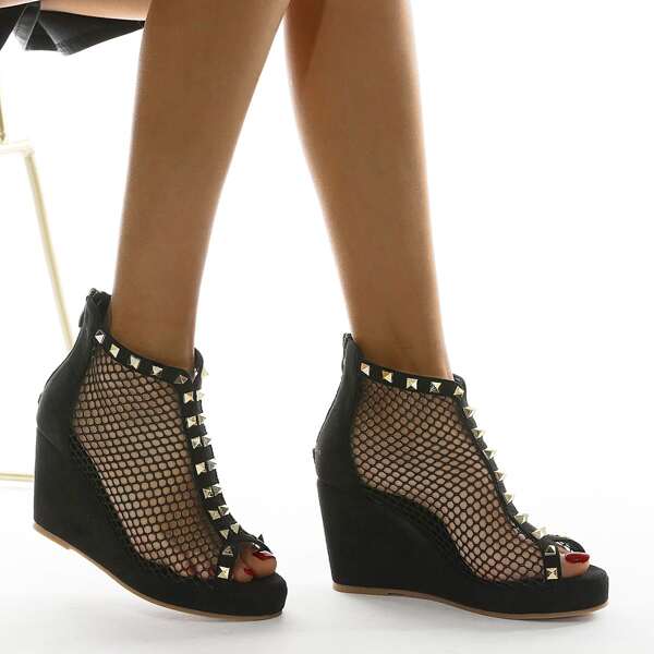

Spiked Decor Mesh Panel Wedge Heeled Boots, Black
