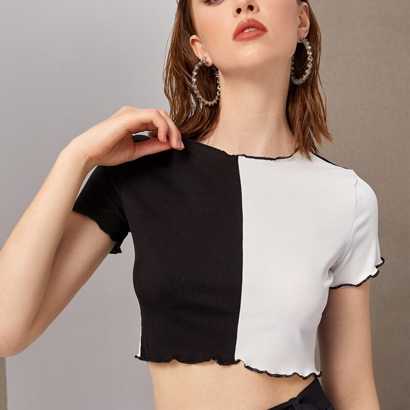 

Colorblock Lettuce Trim Crop Tee, Black and white