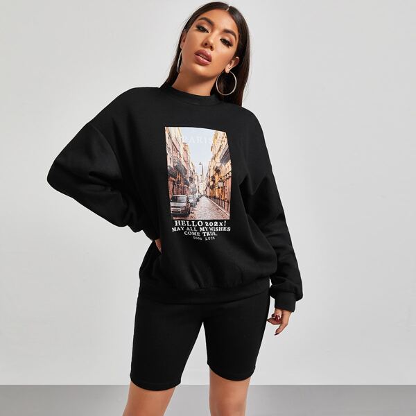 

Slogan & Picture Print Pullover and Biker Shorts Set, Black