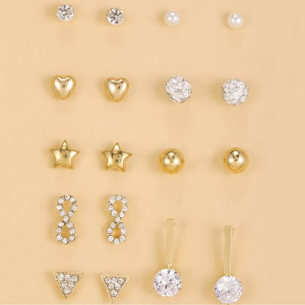

9pairs Faux Pearl & Rhinestone Decor Earrings, Gold