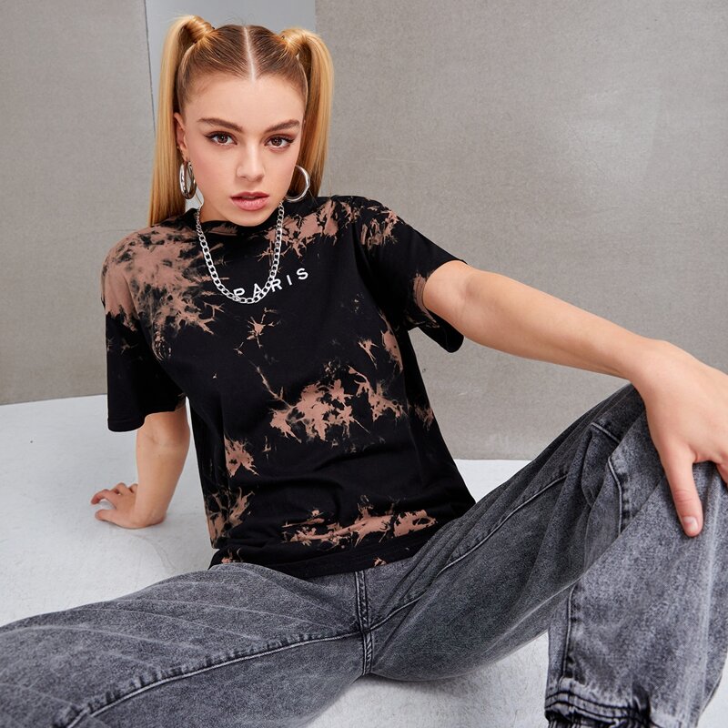 

Letter Graphic Tie Dye Oversized Tee, Black