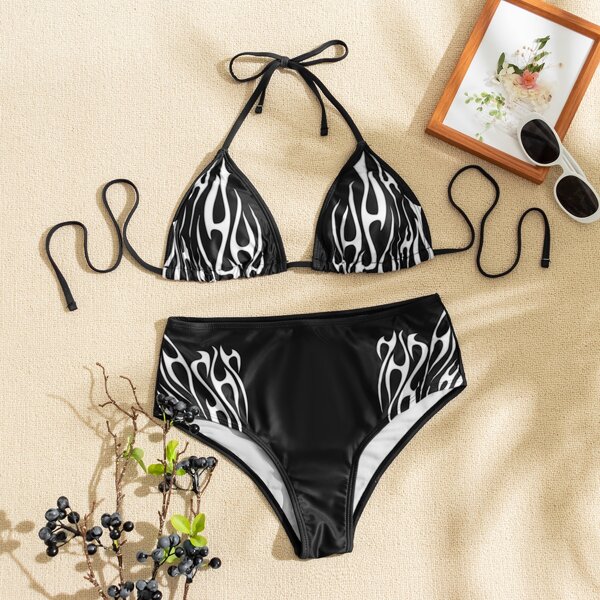 

Flame Random Print Halter Triangle High Waisted Bikini Swimsuit, Black and white