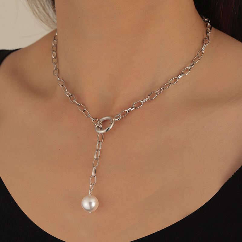 

Faux Pearl Chain Necklace, Silver