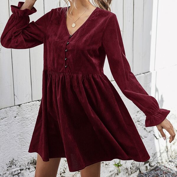 

Corduroy V-neck Flounce Sleeve Solid Smock Dress, Maroon