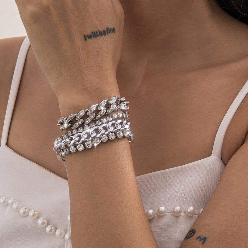 

4pcs Rhinestone Chunky Chain Bracelet, Silver