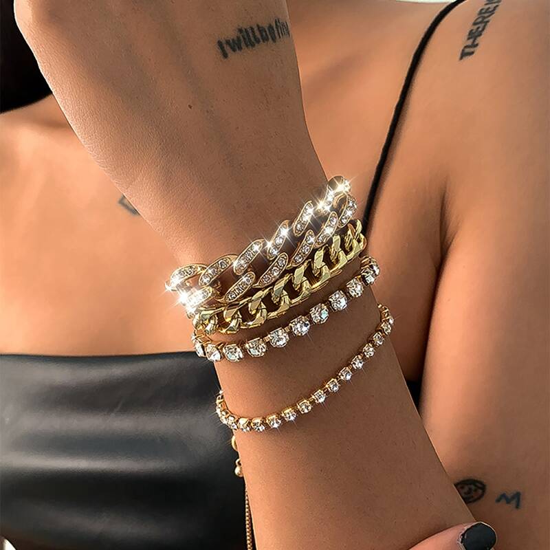 

4pcs Rhinestone Chunky Chain Bracelet, Gold