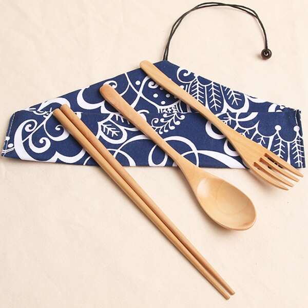 

3pcs Wooden Dinnerware & 1pc Storage Bag, Khaki